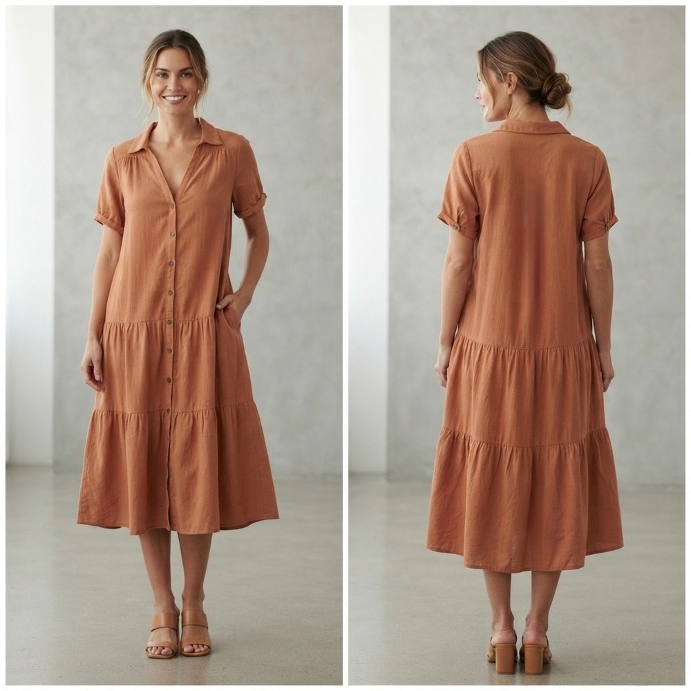 Petal & Pup Midi Dress Orange 100% Linen Tiered Button Front Shirt Dress Medium